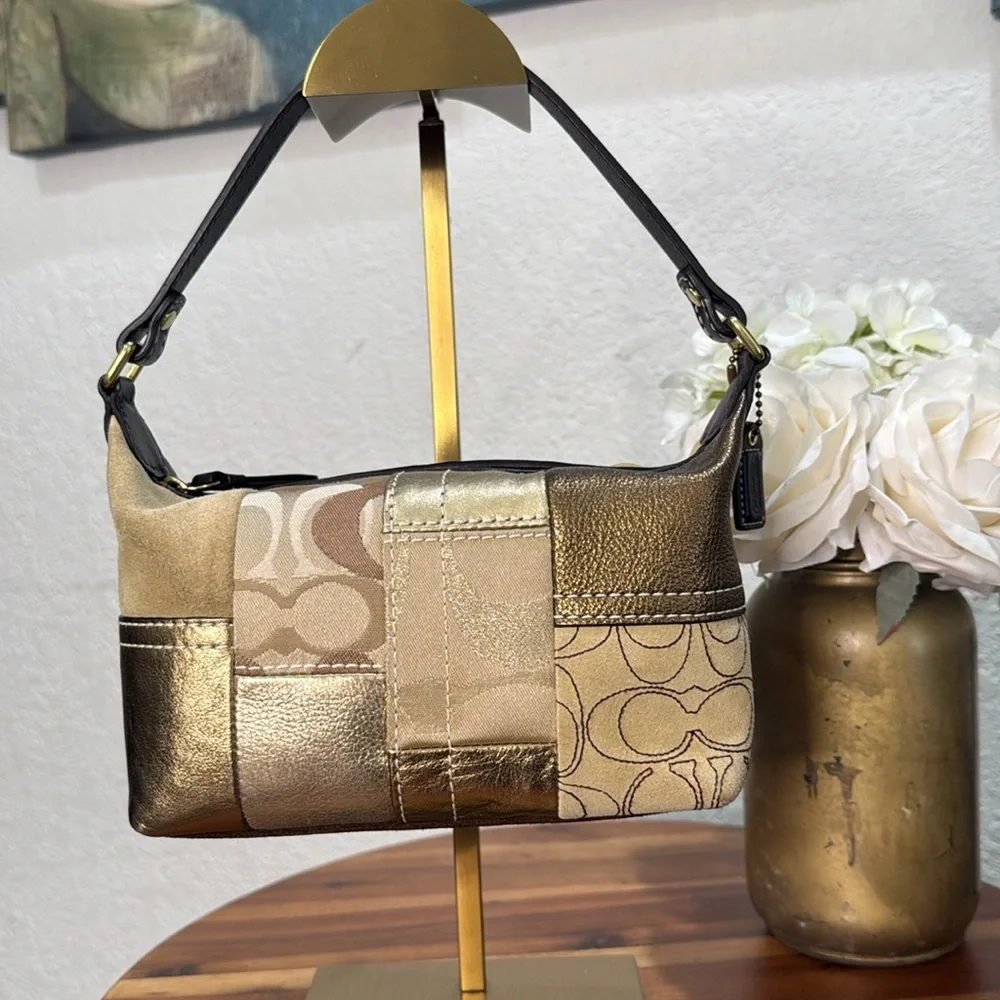 Coach Gold Patchwork Suede Small Purse Handbag - Picture 5 of 15
